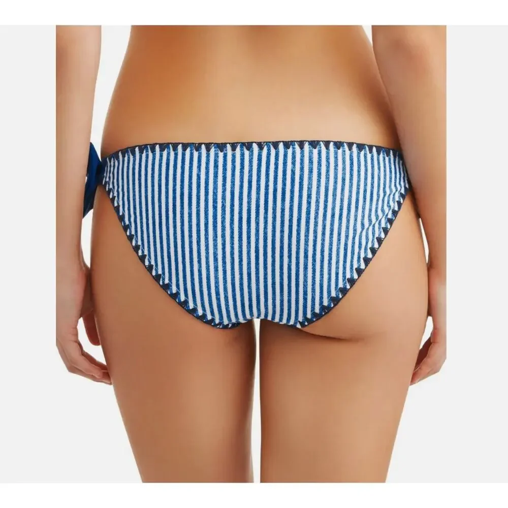 No Boundaries Denim Stripe Bikini Set Blanket Stitch in Blue Small Medium